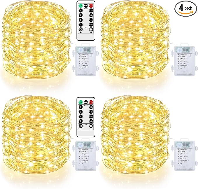 4 Pack Battery Fairy Lights with Remote, 160FT 480LED, Warm White | 8 Modes, Timer Function, Waterproof, Dimmable, Battery Operated Twinkle Light for Indoor Outdoor Xmas Party Holiday Decor