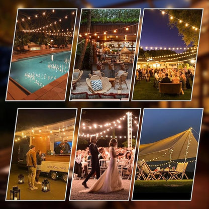 String Lights, 100FT Patio Lights with 64+5 Bulbs(1.5FT Bulbs Spacing), Outdoor String Lights, Remote & Dimmer, 3 Mode Light & Timing, 65PC Mounting Ties for Outside, 2200K (White)
