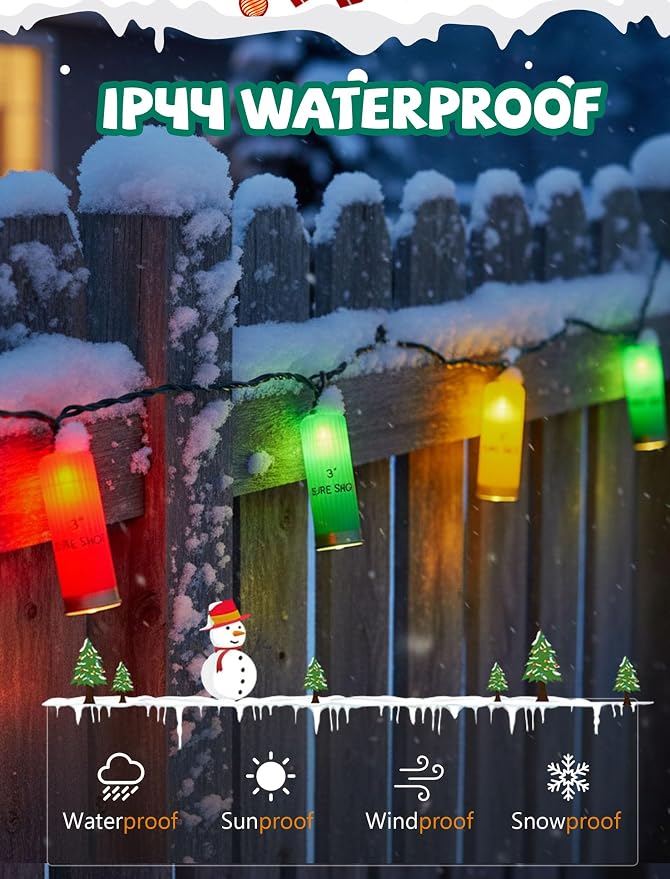 Red Green Yellow Shotgun Lights 8.5Ft, 10 LED Bullet String Lights Plug In | IP44 Waterproof & End-to-end Connectable Up to 45 Sets, Hanging Christmas Decorations for Outdoor Patio Party, Green Wire
