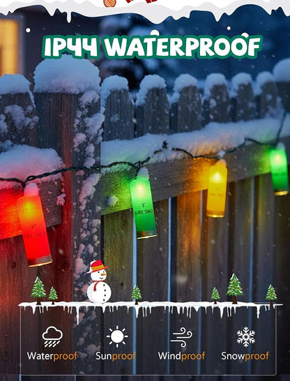 Red Green Yellow Shotgun Lights 8.5Ft, 10 LED Bullet String Lights Plug In | IP44 Waterproof & End-to-end Connectable Up to 45 Sets, Hanging Christmas Decorations for Outdoor Patio Party, Green Wire