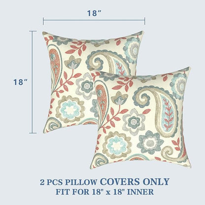 LVTXIII 2 Pack Outdoor Pillow Covers ONLY 18x18 Inch, Water-Repellent Square Decorative Cushion Covers for Patio Furniture, Garden, Sofa, Paisley Vintage