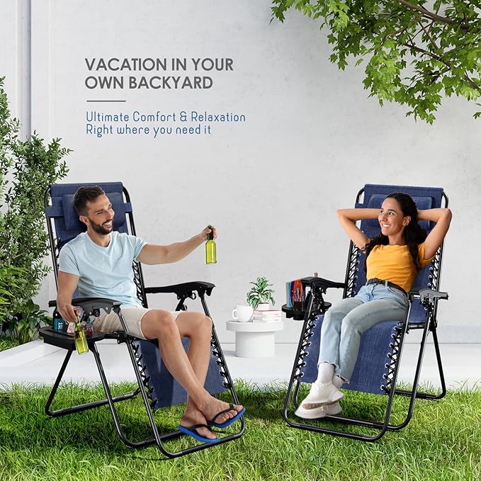 Nestl Zero Gravity Chairs, Portable Patio Lounge Chair Outdoor with Pillows & Cup Holder Trays, Adjustable Steel Mesh Reclining Camping Chair, Folding Patio Lawn Chair for Deck, Beach, Yard - Blue