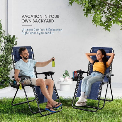 Nestl Zero Gravity Chairs, Portable Patio Lounge Chair Outdoor with Pillows & Cup Holder Trays, Adjustable Steel Mesh Reclining Camping Chair, Folding Patio Lawn Chair for Deck, Beach, Yard - Blue