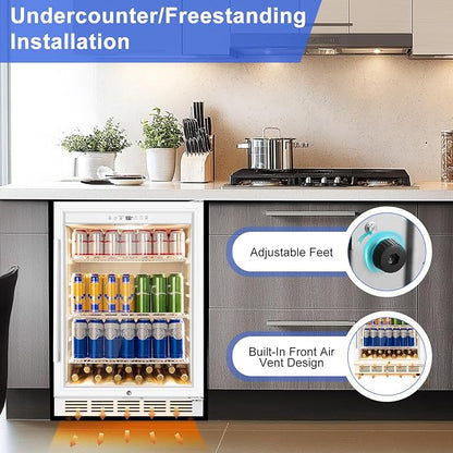 FoMup 24" Undercounter Beverage Refrigerator with Glass Door, 200-Can | Reversible door for flexible installation, Digital temperature control, safety lock, White finish, LED light