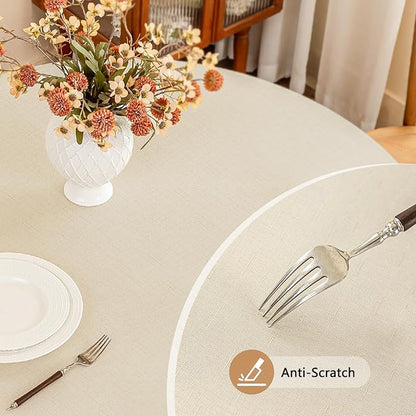 Seenus Textured 60 Inch Beige Round Tablecloth fits 30'' to 48'' Table, Water Resistant and Wipeable Circular Tablecloth, Anti-Scratch Faux Linen Fabric for 2-4 Seats Dining Table Kitchen Patio