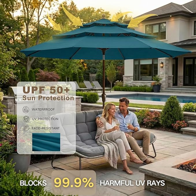 Kingdura 10ft 3-Tier Patio Umbrella with Solar Lights, Table Umbrella Outdoor Patio with Easy Crank & Tilt, 8 Sturdy Ribs, UV Protection, 32 LED Lights for Deck, Poolside, Market (Lake blue)