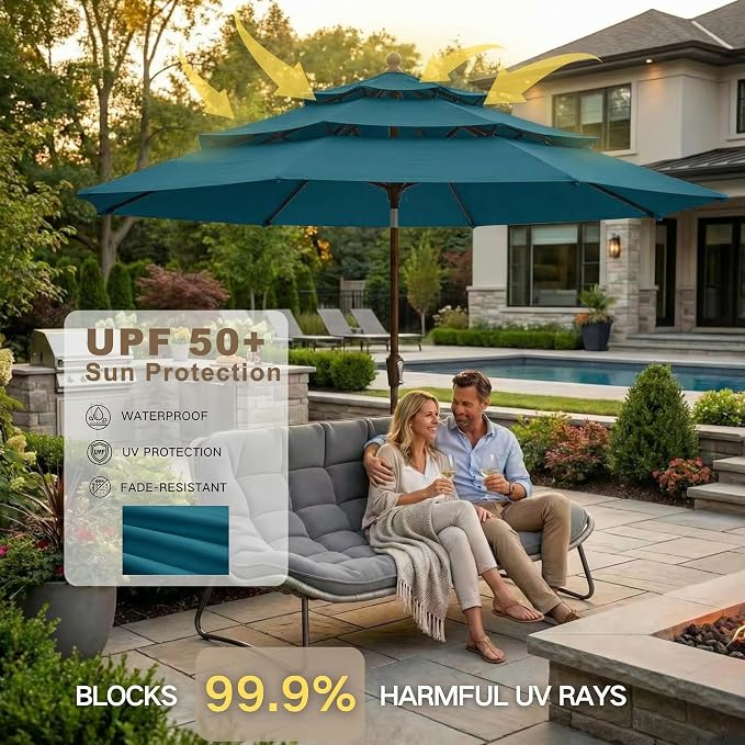 Kingdura 9ft 3-Tier Patio Umbrella, Outdoor Table Umbrella with Easy Crank & Tilt, 8 Reinforced Ribs, UV Protection for Deck, Pool, Market, Backyard (Lake blue)