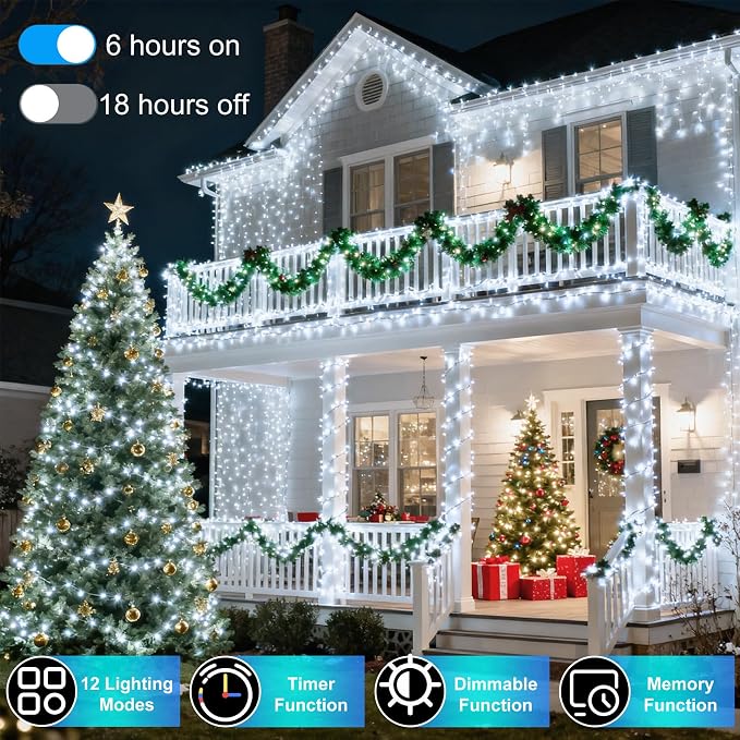 750 LED 240FT Christmas String Lights Outdoor, 12 Pro Modes with Timer | with Memory & Brightness, Plug-in Waterproof Clear Wire Twinkle Light for Xmas Yard Tree Wedding Party Decor (Cool White)