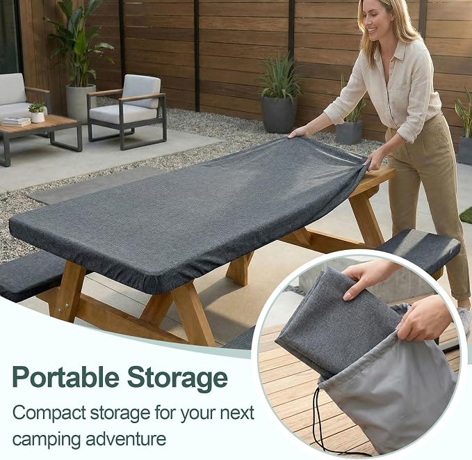 Picnic Table Cover with Bench Covers Camping Essentials Waterproof Windproof Camping Tablecloth with Drawstring Bag, Fitted Rectangle Tables and Seats, 72in, Heather Grey