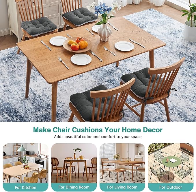 BETU Chair Cushions for Dining Chairs Set of 4,3.5" Thick Kitchen Table Chair Pads with Ties,Non Slip Backing and Covers, Seat Cushion for Dining Room,Bar,Patio Chairs,15.5"X15.5"X3.5",Dark Grey