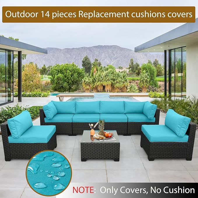 14 Piece Outdoor Patio Cushion Cover Replacement, Waterproof Patio Cushion Covers, Outdoor Furniture Cushion Covers Set for 6 Seat Wicker Rattan Sofa (Blue)