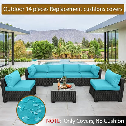 14 Piece Outdoor Patio Cushion Cover Replacement, Waterproof Patio Cushion Covers, Outdoor Furniture Cushion Covers Set for 6 Seat Wicker Rattan Sofa (Blue)