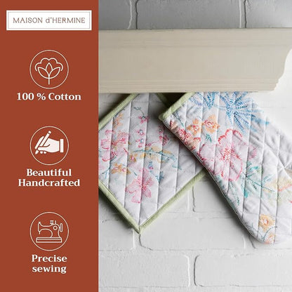 Maison d' Hermine 100% Cotton Oven Mitt & Pot Holder Set (7.5"x13" & 8"x8") | Heat Resistant BBQ Cooking Gloves with Loop Baking Grilling Kitchen Hotel Home Farmhouse Spring Summer - Paradise Island