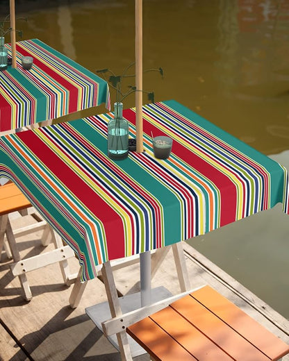 Green Red Striped Outdoor Tablecloth - 54x54 Inch Square Dining Table Cover, Farmhouse Colorful Stripes Waterproof Outdoor Table Cloth with Umbrella Hole & Zipper for Picnic/Patio/Party