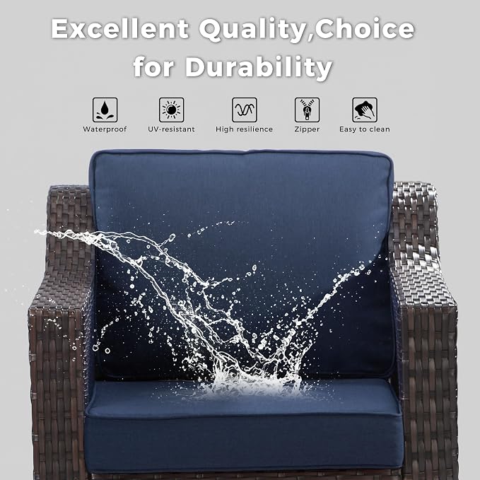 2 Piece Patio Furniture Set, Wicker Outdoor Conversation Set | Patio Chair Set with Olefin Removable Cushion, All-Weather Armchairs with Deep Seat for Porch, Deck and Backyard, Blue