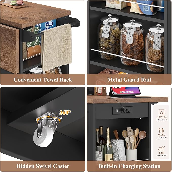 Kitchen Storage Island with 2 Stools, 51” Mobile Kitchen Cart with Drop Leaf & Power Outlet, Rolling Island Table Dining Room Buffet with 2 Drawers & Side Storage Rack &Towel Rack, Black