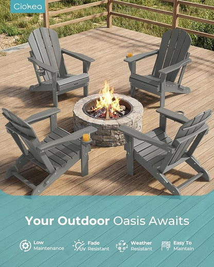 Ciokea Folding Adirondack Chair 6 Pack, Patio Adirondack Chair Weather Resistant, Plastic Fire Pit Chair with Cup Holder, Lawn Chair for Outdoor Porch Garden Backyard Deck (Grey)