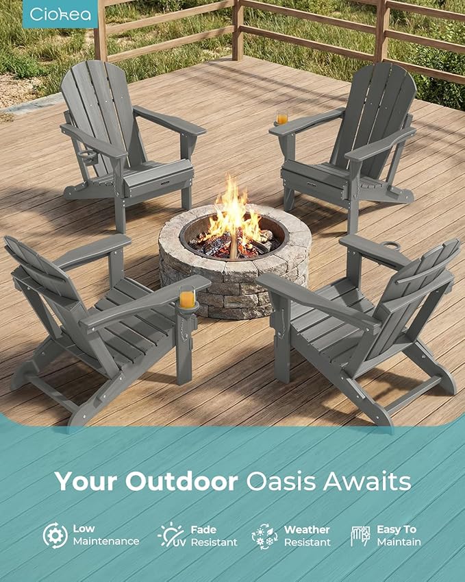 Ciokea Folding Adirondack Chair 2 Pack, Patio Adirondack Chair Weather Resistant, Plastic Fire Pit Chair with Cup Holder, Lawn Chair for Outdoor Porch Garden Backyard Deck (Grey)