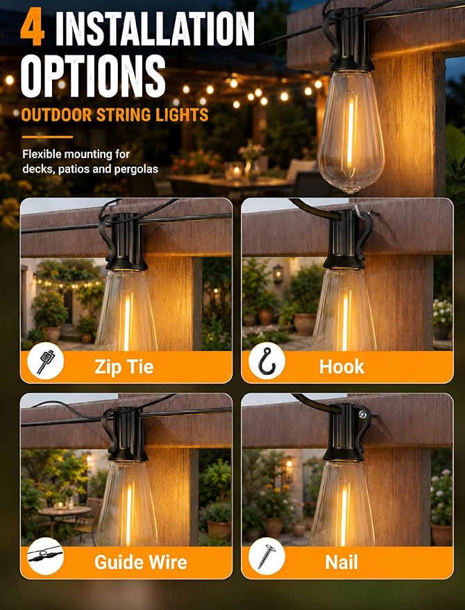20FT LED Outdoor String Lights,Edison Lights Outdoor String with 22 Shatterproof ST40 Vintage Edison Bulbs,Outside Lights Waterproof for Outside Backyard Porch,Garden,Black