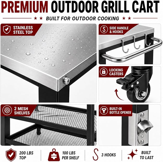 Grill Table with Stainless Steel Top, 28.54 x 16.14 in | Outdoor Grill Cart with Wheels, 2-Tier Mesh Storage, 200 lb Worktop, Tool Hooks, For Home Grillers, Patio Backyard BBQ