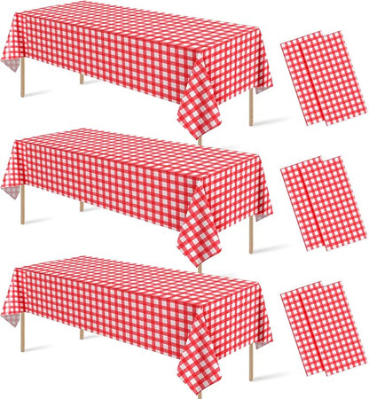 6 Pcs Red Gingham Tablecloths, Checkered Party Table Covers 54x108 Inch | Red and White Checkered Tablecloths, Disposable Plastic Waterproof for Hot Dog Party Picnic Camping Barbecue Birthday Party