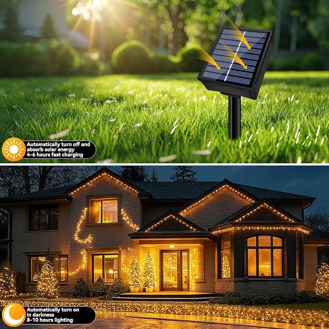 Solar String Lights Outdoor Waterproof 2 Pack Total 66ft 200LED Warm White | 8 Modes Twinkle Lights Solar Fairy Lights for Patio, Garden Yard Party Wedding Tree Christmas Halloween Decoration
