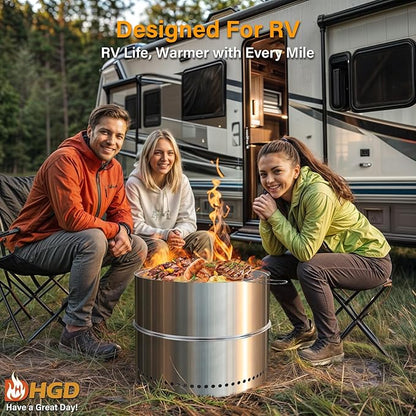 HGD 19.5 Inch Smokeless Firepit with Grill, Portable Wood Burning Fire Pit for Camping & Backyard, Stainless Steel Outdoor Fireplace with Travel Bag, Easy Setup & Compact Storage - Foldable Design