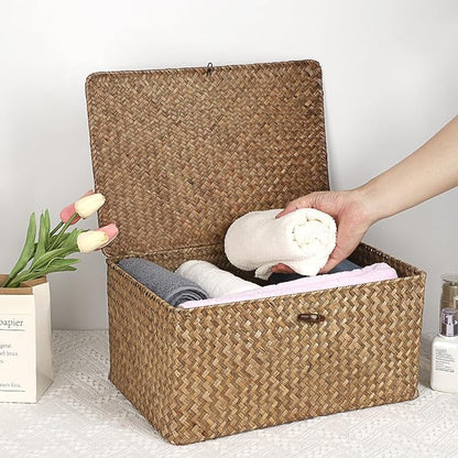 Hipiwe Wicker Shelf Baskets Bin with Lid, Handwoven Seagrass Basket Storage Bins Rectangular Household Basket Boxes for Shelf Wardrobe Home Organizer, Coffee X-Large