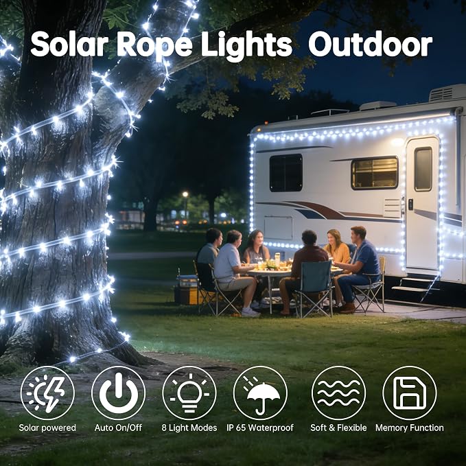 Solar Rope Lights for Outside, 2 Packs Total 66ft 200 LED Solar String Lights with 8 Modes, Waterproof Solar Outdoor Light for Patio Garden Party Tree Porch Pool Holiday Xmas Decor-White