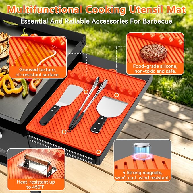 Grill Silicone Mat for Blackstone - BBQ Side Shelf Mat With Magnetic 1 PCS | Waterproof and Oil-proof,450°F Heat Resistant,Food Grade,Griddle Accessories,Spatula Utensil Storage Rack,Outdoor and Kitchen