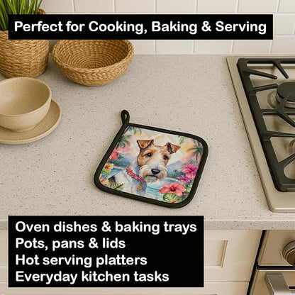 Caroline's Treasures Fox Terrier Luau Pair of Pot Holders Kitchen Heat Resistant Pot Holders Sets Oven Hot Pads for Cooking Baking BBQ, 7 1/2 x 7 1/2