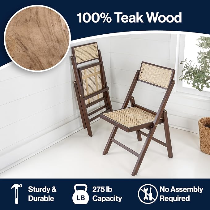 JONATHAN Y Theo Teak Wood and Rattan Folding Chairs, Set of 2, Dark Brown | Woven Cane Seat And Back, Portable Lightweight Design, For Dining And Living Room, Mid-Century Vintage Bohemian Style