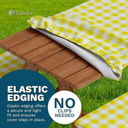 Picnic Table Cover with Bench Covers -Fitted with Elastic, Vinyl with Flannel Back, Fits for Table 30"x 60" Rectangle,Water Proof, Checked Green Design