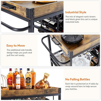 Lifewit 3 Tier Bar Cart with 12 Wine Racks, Serving Trolley, Rustic Brown | Home serving drink cart with removable tray, liquor beverage storage for kitchen dining living room, 30 x 15.7 x 36.6 inch
