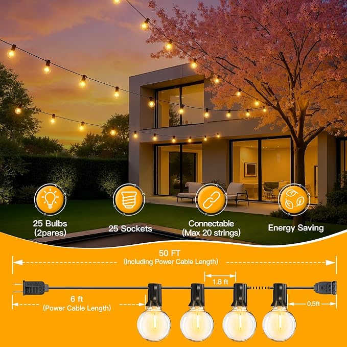 Ollny Outdoor String Lights, 49FT Patio Lights with 27 Shatterproof G40 Edison Bulbs, Waterproof Outdoor Hanging Light for Porch, Backyard, Garden, 2700K