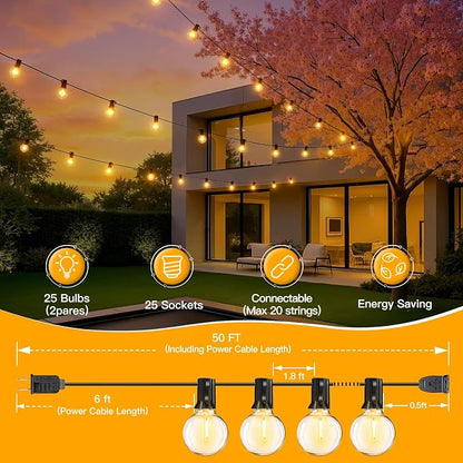 Ollny Outdoor String Lights, 49FT Patio Lights with 27 Shatterproof G40 Edison Bulbs, Waterproof Outdoor Hanging Light for Porch, Backyard, Garden, 2700K