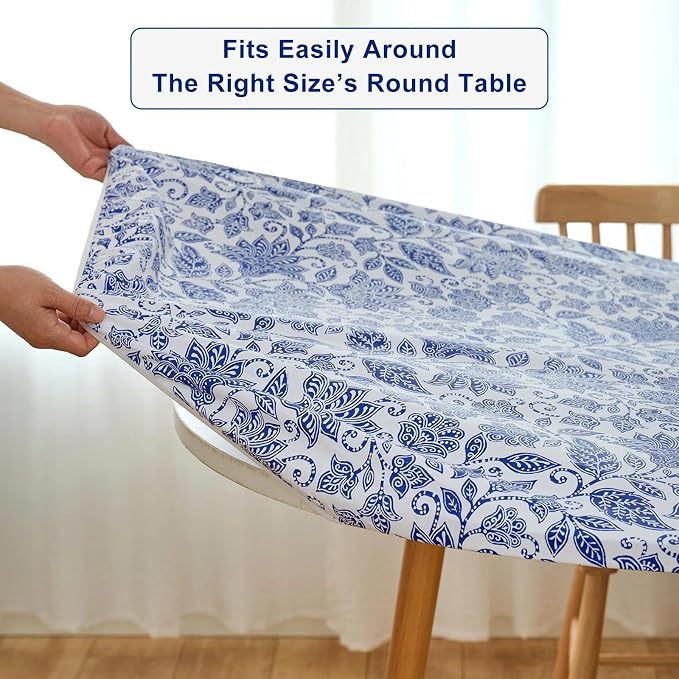 LIBERECOO Round Vinyl Fitted Tablecloth with Flannel Backing Elastic Edge Table Cover Waterproof Stain-Resistant Wipeable Tablecloths Fits 45-56 Inch Round Tables