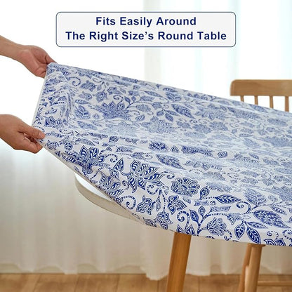 LIBERECOO Round Vinyl Fitted Tablecloth with Flannel Backing Elastic Edge Table Cover Waterproof Stain-Resistant Wipeable Tablecloths Fits 40-44 Inch Round Tables