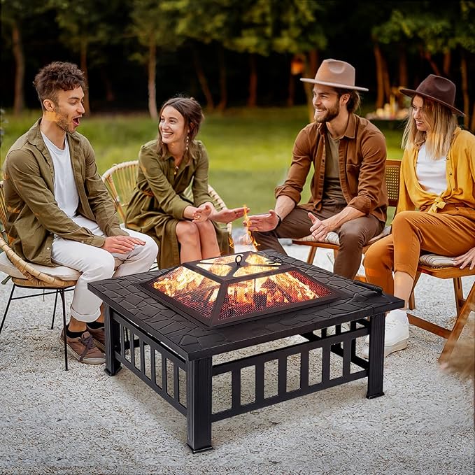 Anraja Fire Pit 32" Wood Burning Firepit Metal Square Outdoor Fire Tables Steel BBQ Gril Fire Pit Bowl withSpark Screen Cover, Poker Log Grate for Patio Bonfire Camping Backyard Garden Picnic1
