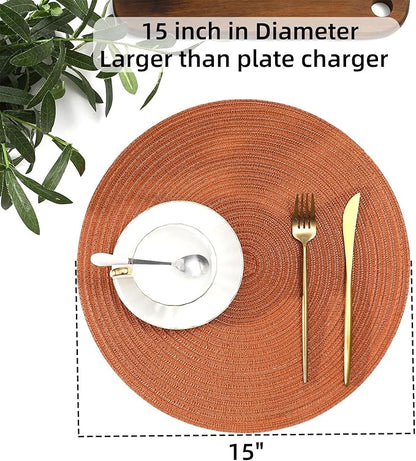 SHACOS Round Placemats Set of 8 Washable 15 inch Round Placemat Cotton Polyester Woven Braided Table Place Mats for Dining Table Wedding Party Decor, Dark Orange