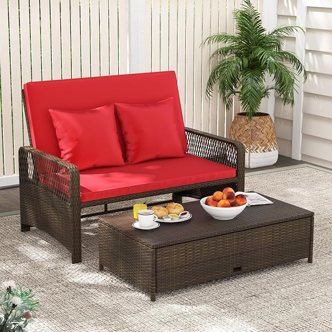 Tangkula Patio Adjustable Wicker Daybed, Rattan Loveseat & Storage Ottoman w/ 4-Level Backrest & Soft Cushions, Space-Saving 2-Person Sun Lounger for Backyard, Porch (Red)