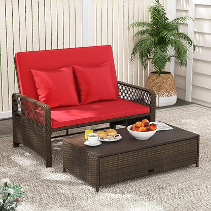 Tangkula Patio Adjustable Wicker Daybed, Rattan Loveseat & Storage Ottoman w/ 4-Level Backrest & Soft Cushions, Space-Saving 2-Person Sun Lounger for Backyard, Porch (Red)