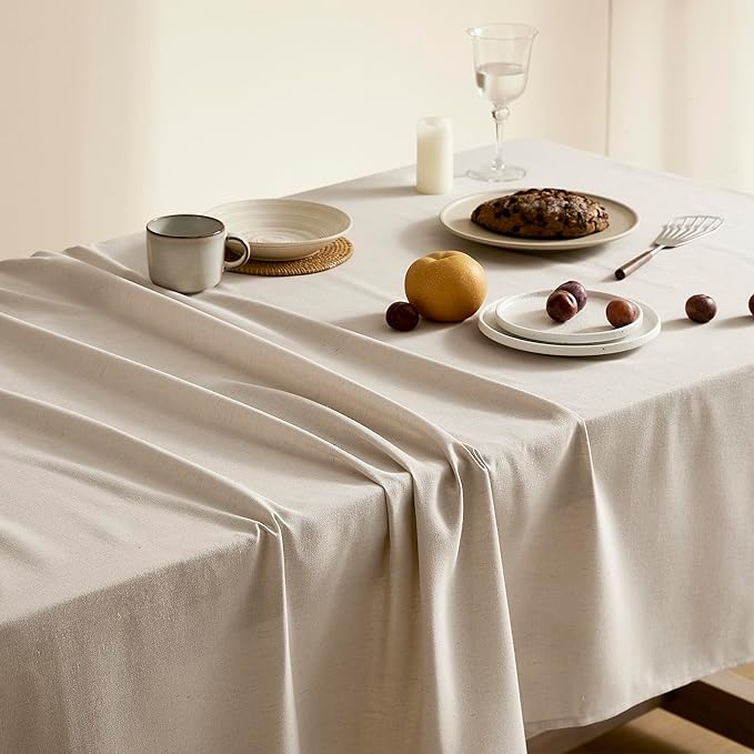 Beige Linen Table Cloths for Rectangle Tables Farmhouse Rustic Modern Neutral Fabric Oblong Tablecloth Rectangular Kitchen Dining Washable Water Resistant 6-8 Seats 60x84 Inch
