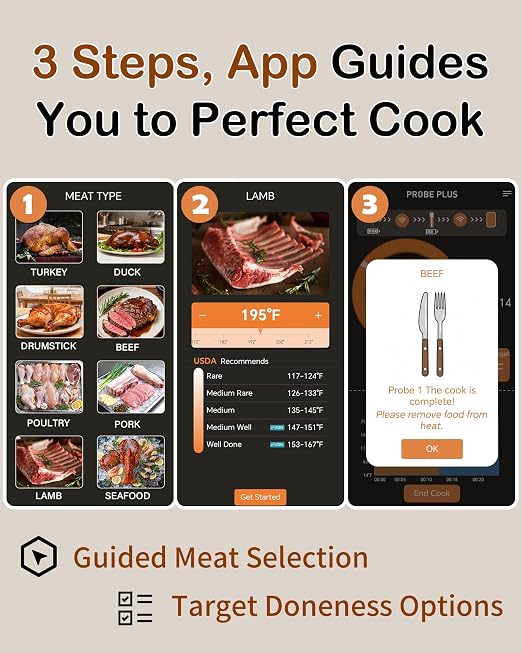 ±0.5°F Accurate Shows Internal Temp Wireless Meat Thermometer | Smart 3-Step App Easy Setup Ready in 1 Mins - 24 Hours Probe Lasts All-Day Withstands Max 572°F Heat Oven Safe