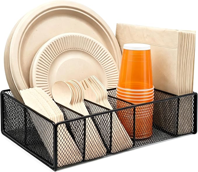 Dysanvica Metal Paper Plate Holder - Utensil Silverware Caddy for Kitchen Counter Cabinet Cutlery Flatware Organizer Storage Dispenser Box for Plastic Spoon Fork Plates Napkins Cup Party Camping Black