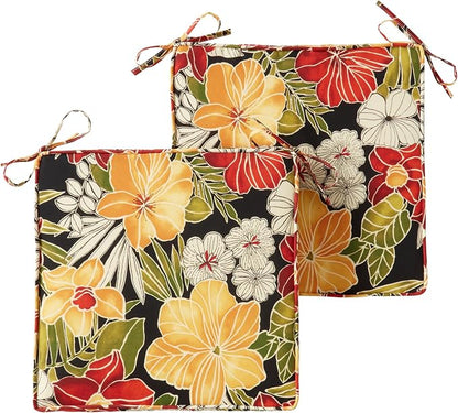 Outdoor 18 inch Square Patio Dining Chair Pads – Comfortable Fiber-Filled Seat Cushions with Ties, Reversible Polyester Fabric - Aloha Black Floral, Set of 2