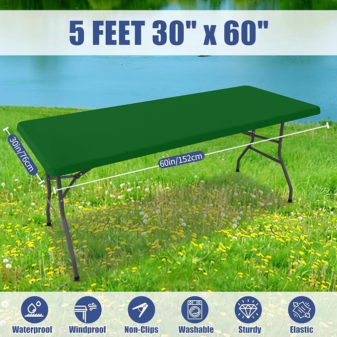 Moosfor Spandex 5 Foot Rectangle Table Cloth, Elastic Fitted Tablecloths for Picnic, Stretch Washable Patio Table Cover for Outdoor, Camping, Banquet and Parties (Emerald Green, 30"x60")