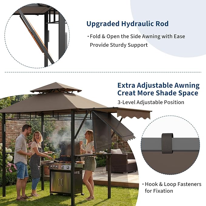 8x5 ft Grill Gazebo, Double Tired Outdoor Patio Canopy Tent with Side Awning Shelves,4 LED Lights,10 Hooks & Bottle Opener,Heavy Duty Steel Frame Grilling Canopy for Patio Backyard Garden Picnic,Brown