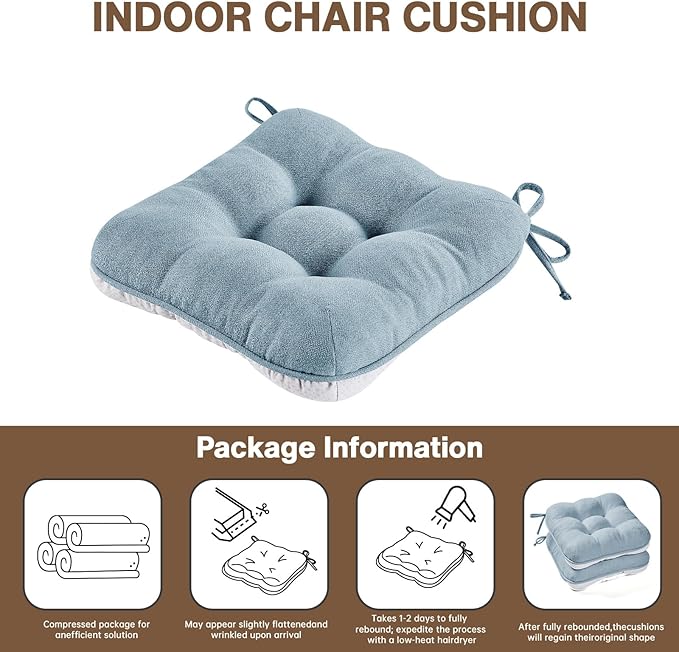 BETU Chair Cushions for Dining Chairs Set of 2,3.5" Thick Kitchen Table Chair Pads with Ties,Non Slip Backing and Covers, Seat Cushion for Dining Room,Bar,Patio Chairs,15.5"X15.5"X3.5",Smoky Blue
