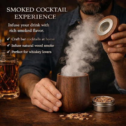 Black Oak Smoked Cocktail Kit – 2-Pack Charred Wooden Whiskey Cup 10oz, Whiskey Smoker Kit with Lid, 3 Smoker Wood Chips & 1 Ice Mold for Old Fashioned | Bourbon Gifts for Men, Dads & Bartenders